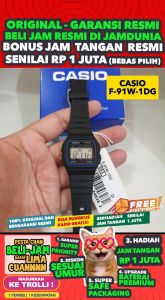 CASIO ORIGINAL - CASIO F-91W-1DG - Casio Digital - New - MEN - Hitam - Strap Resin Band - Jam dunia JD19ST