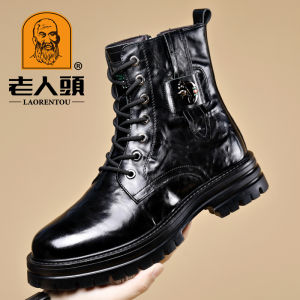 Mens Martin Boots Leather Fur Integrated Mid-Cut Winter Warm Cotton Boot Military Hook Closure Rubber Outsole round Toe