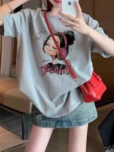 BINKAFENNY | Fashionable Lace Back Splice Grey Print Short Sleeve T-Shirt Women Summer Super Beautiful Absolutely Amazing Top Round Neckline