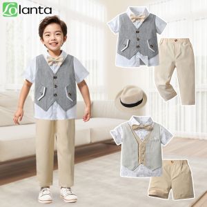 LOlanta Baby Boys Suit Kids Shirt Pants Hat Bow Tie Set Fashion Wedding Birthday Party Costume Childrens Casual Daily Wear