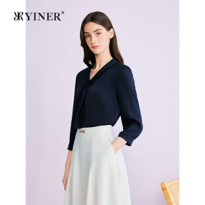 YINER | Summer New Fashion Elegance Ribbon V-neck Satin Acetate Blend Blouse