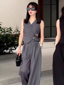 Fashionable Korean Style Slim Fit Hollow out Suit Vest Wide Leg Pants Two Piece Set Womens Autumn New Arrival