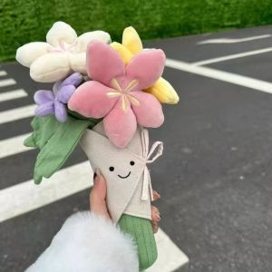 Flower Plush Toy Holding Flower Wedding Bouquet Simulation Plush Valentines Day Gift for Girlfriend
