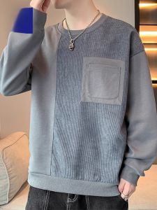 ROMON | Romon Mens Long Sleeve Hoodie Casual Spliced Spring Autumn Loose Fit Polyester T-Shirt Youth Fashion Round Neck Pocket Design