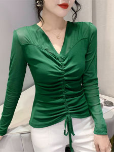 Áo Thun Cổ Chữ V Tay Dài Ôm Vừa Vặn Thời Trang Thu Đông Cho Nữ Áo Sơ Mi Dài Tay Gợi Cảm Đa Năng Thiết Kế Xếp Ly