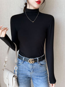 Slim Fit Long Sleeve Fleece Lined Half High Neck Base Shirt Womens Fashionable Autumn Winter Cotton Blend Comfortable Top