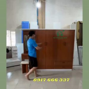 TỦ NHỰA QUẦN ÁO KÈM BÀN TRANG ĐIỂM GƯƠNG ĐÈN LED 4 CÁNH MÀU SỒI ĐỎ - VIDEO THỰC TẾ