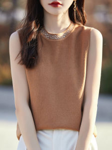 2024 Autumn Clothing New Arrival Elegant Hot Rhinestone Knitting Camisole Womens round Neck Loose Outer Wear Sleeveless Sweater Vest Tide