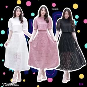 P18668 Set ลูกไม้ 2 ชิ้น เสื้อลูกไม้แขนพอง + กระโปรงลูกไม้ยาว ..