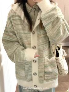 เสื้อสเวตเตอร์ถักลายทางสีรุ้งสไตล์เกาหลีสำหรับผู้หญิง ฤดูใบไม้ร่วง/ฤดูหนาว ทรงหลวม แขนยาว ปกติ ปกโปโล ปกโปโล