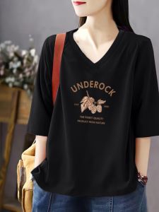 เสื้อยืดแขนสั้นผ้าฝ้ายแท้ทรงหลวมสำหรับผู้หญิงในช่วงฤดูร้อนปี 2025 เสื้อคอวีแขนยาวสามส่วนทรงเข้ารูปป้องกันหน้าท้อง