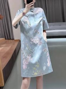 Elegant plus Size Qipao Dress Korean Style Commute A-Line Skirt Short Sleeve Mid-Length Floral Pattern for Plump Sister