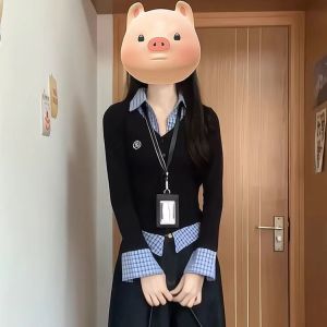 เสื้อยืดคอโปโลลายสก็อตสไตล์เกาหลีสำหรับผู้หญิงในฤดูใบไม้ร่วง เสื้อแขนยาวทรงเข้ารูป เส้นใยเดอร์เวิลด์ ดีไซน์เอวเข้ารูป เสื้อตัวบน