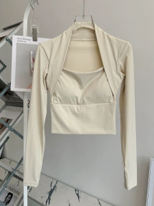 Fake Two-Piece Sports Running Quick-Drying Tops with Chest Pad Female Pilates Yoga Slim-Fit Clothes Fitness Tight Long Sleeves