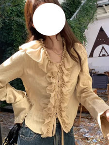 French Design Style Slim Fit Womens Shirt with Lace Hem Cross Belted Bell Sleeve V Neck Top for Autumn Season