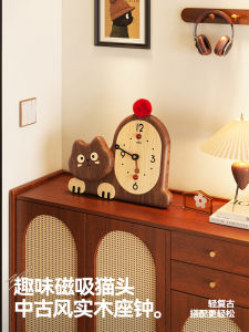 Meisda Creative Desktop Clock Decorative Vintage Solid Wood Entrance Wealth Attracting Cat Table Clock Living Room Decor