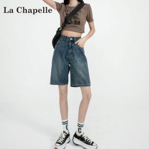 Deep Blue Denim Short Pants Womens Five-Point High Waist Slimming Loose Wide Leg Mid-Length Summer New La Chapelle