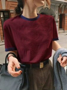 Summer Pure Cotton French Artistic Vintage INS Red Collar Color Block Slim Fit Shoulder Womens T-shirt round Neck Short Sleeve