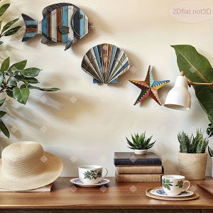 3Pcs Coastal Ocean Wooden Wall Decor Set Fish Seashell Starfish Wall Art