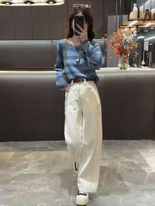 2024 New Stripe Knitted Sweater And Wide Leg Jeans Two Piece Set Women Fashion Anti Aging Autumn Combination Whole Set