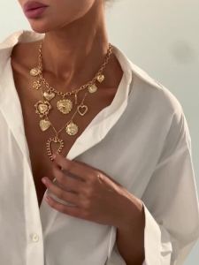 Ingemark Punk Hollow Love Heart Flower Pendant Choker Necklace for Women Hip Hop Gold Color Chain Grunge Jewelry Steampunk Men