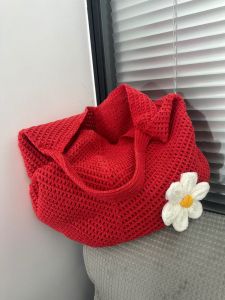 Summer Large Capacity Red Woven Tote Bag Casual Vacation Beach Bag Knitted Bag Underarm Tote Bag Grass Woven Bags