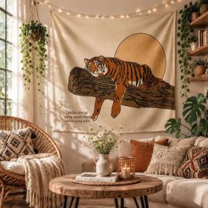 VIKAMA Boho Tiger Sun Art Trích Dẫn Tường Thảm Vintage Trang Trí Nhà Thẩm Mỹ In Hình Mềm Mại Polyester Bền Đẹp Cho Phòng Ngủ Phòng Khách Ký Túc Xá