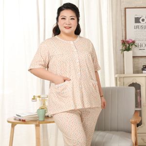plus Size Cotton Sleepwear Short Sleeve Lightweight Comfortable Home Clothes for plus Size Women Breathable Soft Cotton Pajamas