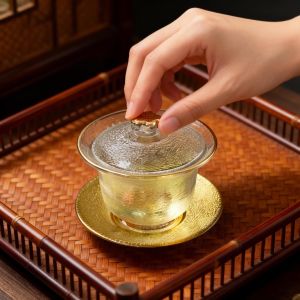 Hand-painted Crystal Glass Gold-rimmed Lid Tea Bowl Insulated Design