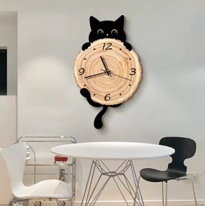 BLACK CAT WALL CLOCK PENDULUM SWING TAIL DECORATIVE CLOCKS SILENT MUTE