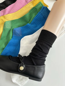 Colorful Vertical Stripe Bright Stockings Womens Mid-Calf Thin Fashionable Spring Summer Black Layered Leg Socks