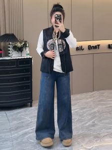 Fashionable plus Size MM Chinese Style Loose Fit Tank Top And T-Shirt Two Piece Set with Button Detail Autumn Winter New Arrival