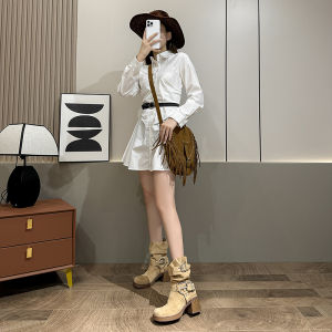 Womens Western Style Martin Boots High Heel Boosting Short Boots Autumn Winter New Velour Mid-Calf Short Boots