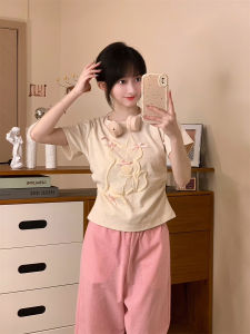 Áo Thun Nữ Tay Ngắn Họa Tiết Hoạt Hình Bong Bóng Thắt Nút Bướm Thiết Kế Nhỏ Gọn Phong Cách Ngọt Ngào Tay Ngắn Mùa Hè