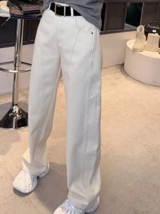 Quần Jeans Denim Ống Thẳng Cạp Cao Màu Trắng Phong Cách Mùa Thu 2025 Quần Dài Thường Ngày Thời Trang Cho Nữ Quần Ống Rộng