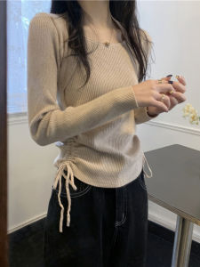 Elegant Drawstring Square Collar Knitted Sweater Womens Slim Fit Base Layer Top Fashionable Korean Style Long Sleeve Crew Neck