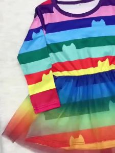 Girls Rainbow Striped Halloween Costume Cat Cosplay 2Pcs Sets For Children Summer Clothing Birthday Gifts Suit