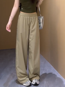 MANMI | Elastic Waist Khaki Loose Straight Leg Wide Leg Large Size Pants