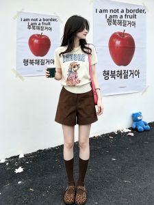 XUECAIQI | Korean Style Cartoon Print Knitted Short Sleeve Shorts Set