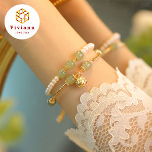 Viviann Original Design Hetian Jade Bracelet for Women Trendy Jade Bead Bell Pendant Tassel Charm Bracelet for Girls Yoga Casual Jewelry Accessories Girl Retro Ethnic Wind Jasper Bracelets Gifts