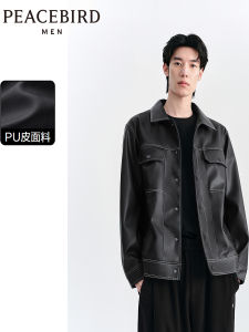 Peacebird Mens PU Leather Jacket Casual Collar Outerwear Trendy Top Polyester Fiber Standard Fit Youth Popular Style Long Sleeve
