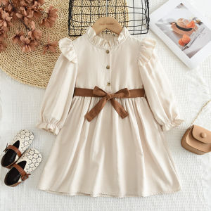 Gấu lãnh đạo mùa thu thời trang nữ giản dị Dresses 3-7y phiên bản Hàn Quốc màu trơn dài tay đứng lên vành đai cổ áo trẻ em Ăn mặc