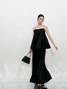 Set đồ lụa Tô Châu tiểu thư sang trọng cao cấp – áo 2 dây đính nơ phối chân váy đuôi cá dài_BS0136