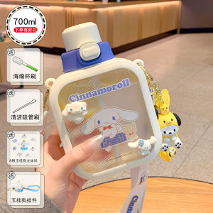 Cute Portable Square Straw Water Bottle for Girls Summer Student Children Anti-Fall Durable PC PP Material Water Cup with Cover