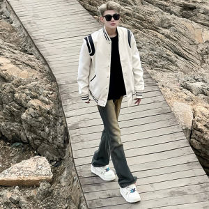 แจ็คเก็ตบейซบอลผ้าขนสัตว์แบบย้อนยุคสไตล์อเมริกันสำหรับคู่รัก แจ็คเก็ตทรงหลวมสำหรับฤดูใบไม้ผลิและฤดูใบไม้ร่วงสำหรับผู้ชายและผู้หญิง