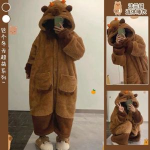Capribala Nightgown Kids Pajamas Coral Fleece Autumn and Winter One-Piece Capybara Cute Super Cute Velvet Thickening Outfit