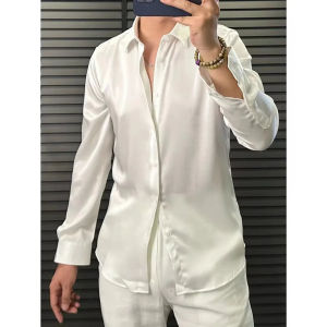 Comfortable Acetate Long Sleeve Shirt Mens Lightweight Luxury Outerwear Thin Style Pure Color Clean Version Autumn 2025