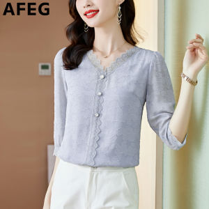 AFEG solid color Korean V-neck fashion loose slim temperament chiffon patchwork lace seven-point sleeve blouse