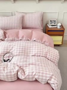 Bộ Đồ Chăn Ga Gối Họa Tiết Caro Giặt Được 100% Cotton