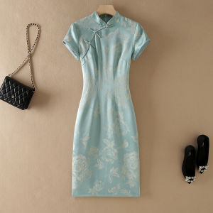 Elegant New Chinese Style Silk Dress Short Sleeve Evening Gown Qipao High End Summer Split Womens Fashion Luxury Dress